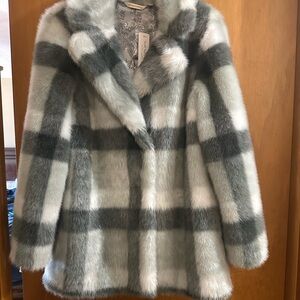 Beautiful Faux Fur Buffalo Plaid Car Coat in Shades of Grey, Silver & White